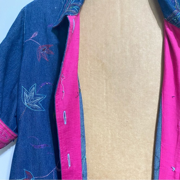 COUNTRY WEAR Vintage Denim Beaded Short Sleeve Shacket Pink Floral Large Petite - Picture 11 of 16